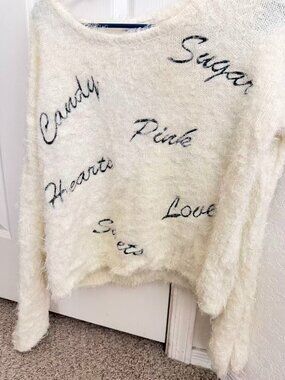 Bershka white mohair sweater with bold black lettering